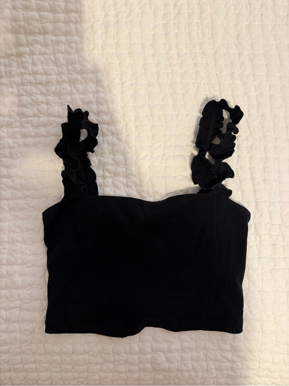 Sunday Best Black Ruffle Strap Ribbed Crop Top
